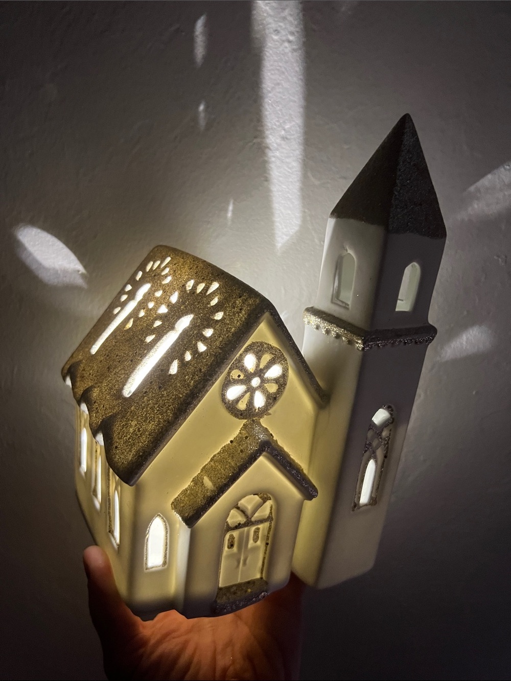 Vintage Light Up White & Gold Glitter Decorative Church Figurine Glow NightLight